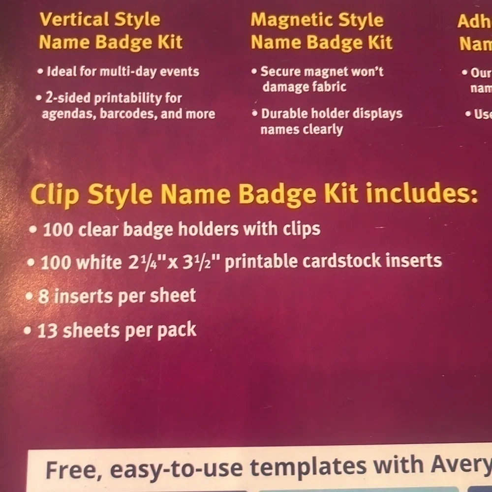Avery clip style name badge kit 100 badges holders clips inserts New